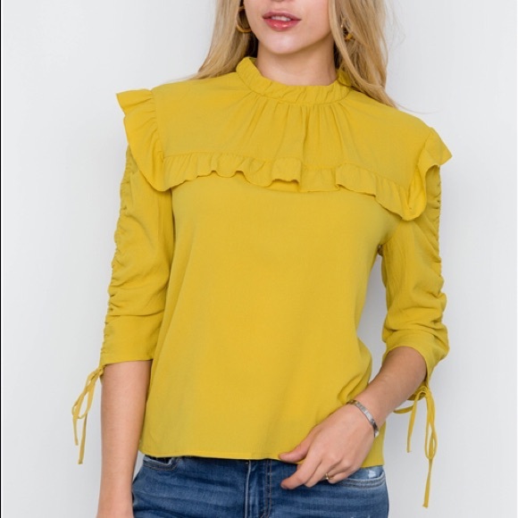 NWT Mustard Yellow Ruffle + ruched sleeve blouse - Picture 3 of 7